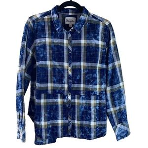 Wrangler Heritage Blue & Green Bleached Plaid Western Embroidered Shirt Top Sz L